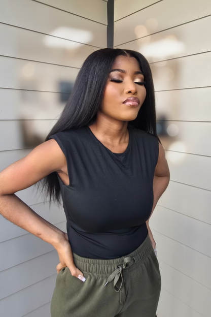 Signature 18-inch kinky Straight Glueless Human Hair Wig , 6x6 HD Lace Closure, 500g Full Density Natural Black