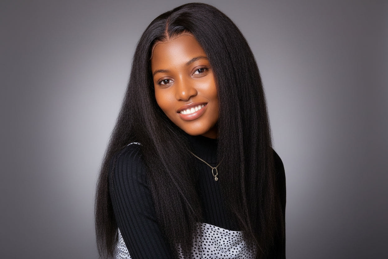 Signature 18-inch kinky Straight Glueless Human Hair Wig , 6x6 HD Lace Closure, 500g Full Density Natural Black