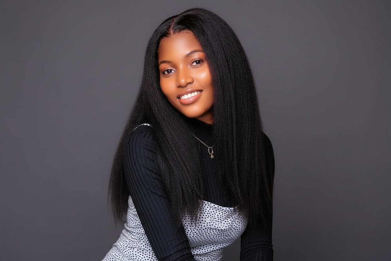 Signature 18-inch kinky Straight Glueless Human Hair Wig , 6x6 HD Lace Closure, 500g Full Density Natural Black