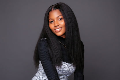 Signature 18-inch kinky Straight Glueless Human Hair Wig , 6x6 HD Lace Closure, 500g Full Density Natural Black