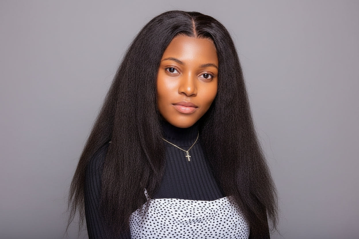 Signature 18-inch kinky Straight Glueless Human Hair Wig , 6x6 HD Lace Closure, 500g Full Density Natural Black