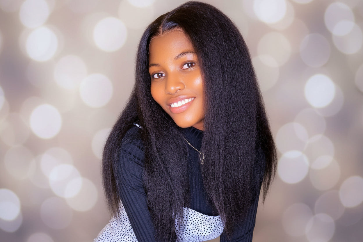 Signature 18-inch kinky Straight Glueless Human Hair Wig , 6x6 HD Lace Closure, 500g Full Density Natural Black