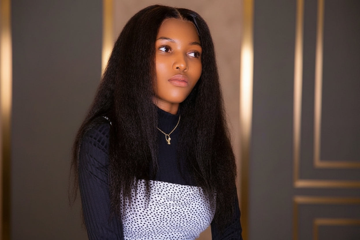 Signature 18-inch kinky Straight Glueless Human Hair Wig , 6x6 HD Lace Closure, 500g Full Density Natural Black