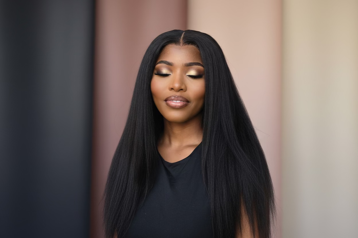 Signature 18-inch kinky Straight Glueless Human Hair Wig , 6x6 HD Lace Closure, 500g Full Density Natural Black