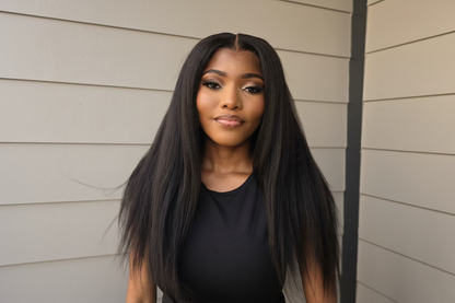 Signature 18-inch kinky Straight Glueless Human Hair Wig , 6x6 HD Lace Closure, 500g Full Density Natural Black